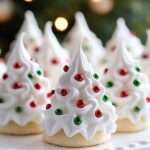 meringues en forme de sapins de noël décorées avec perles de sucre