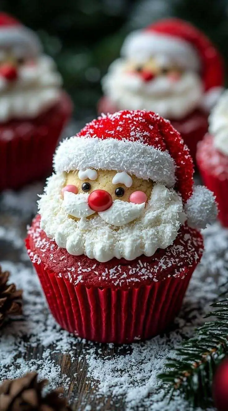 cupcakes père noël red velvet décorés avec crème au fromage et noix de coco