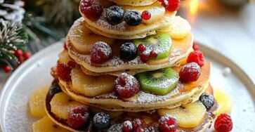 pancakes en forme de sapin de Noël décorés de fruits rouges et bananes sur assiette festive