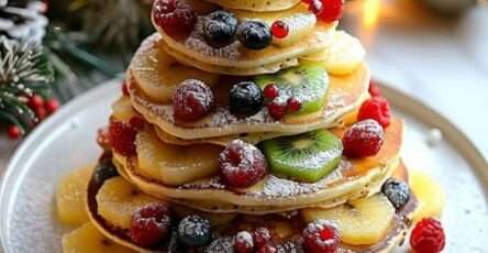 pancakes en forme de sapin de Noël décorés de fruits rouges et bananes sur assiette festive