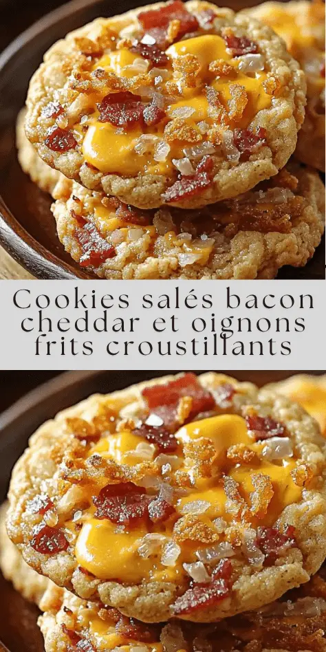 cookies salés au bacon cheddar et oignons frits posés sur une plaque dorée