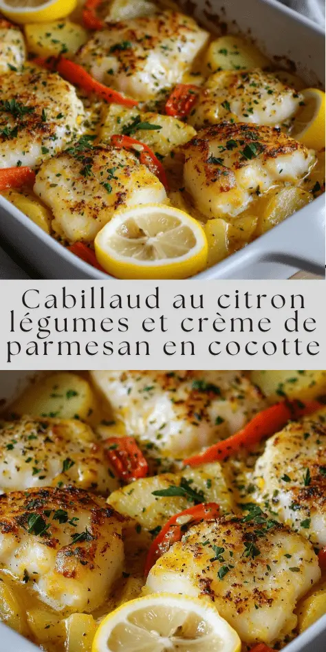 dos de cabillaud en cocotte avec légumes rôtis crème au parmesan et citron