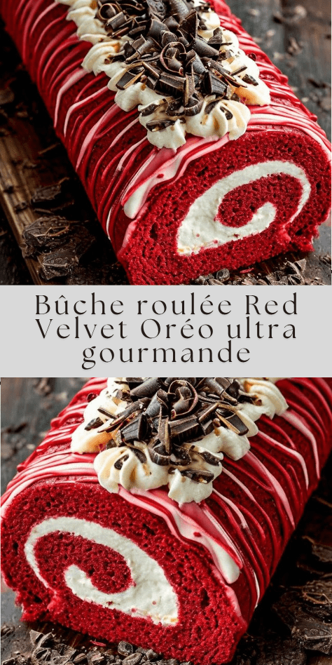 bûche roulée red velvet rouge garnie de crème aux oréo et décorée de biscuits et copeaux de chocolat