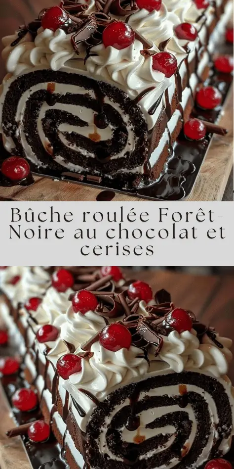 bûche roulée forêt-noire au chocolat garnie de crème chantilly et cerises sur le dessus