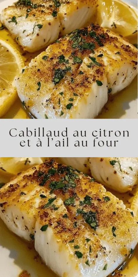 Filets de cabillaud au citron et à l’ail cuits au four, nappés d’une sauce au beurre, huile d’olive et persil, garnis de rondelles de citron et servis dans un plat familial.