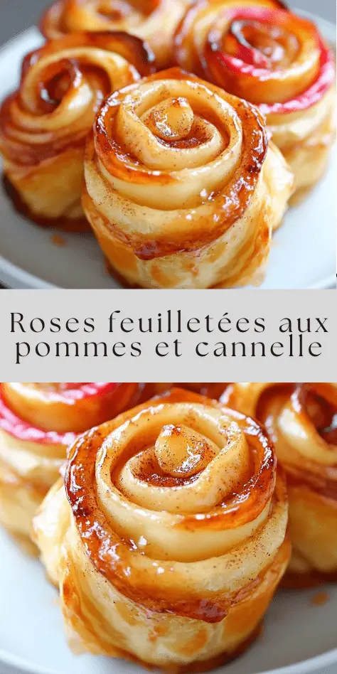 Roses feuilletées aux pommes et à la cannelle, dorées et caramélisées, disposées dans des moules à muffins, saupoudrées de sucre glace, prêtes à être dégustées en dessert ou au goûter.