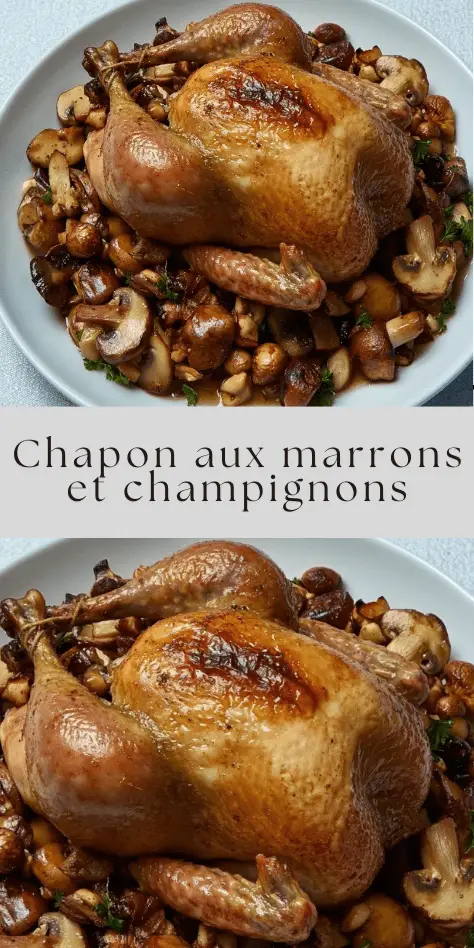 Chapon rôti doré au four, entouré de marrons caramélisés et de champignons sautés, servi dans un grand plat de fête sur une table élégamment dressée.