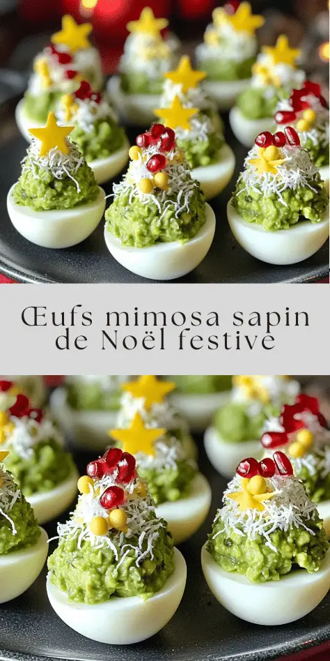 Œufs mimosa dressés en forme de petits sapins de Noël, garnis d’avocat, fromage râpé, graines de grenade et étoile de poivron jaune au sommet, sur un plat de fête.