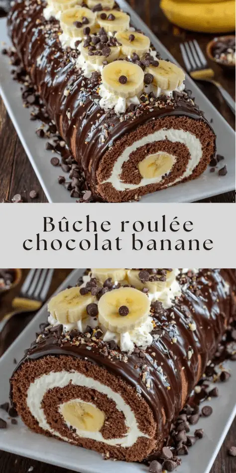 Bûche roulée chocolat banane glacée au chocolat noir brillant, décorée de rondelles de banane, pépites de chocolat et chantilly sur un plat de fête.