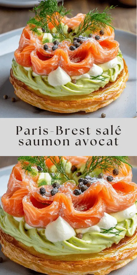 Paris-Brest salé garni de crème d’avocat citronnée et de saumon fumé, décoré de fromage frais fouetté, d’aneth et de baies roses sur une assiette de fête.