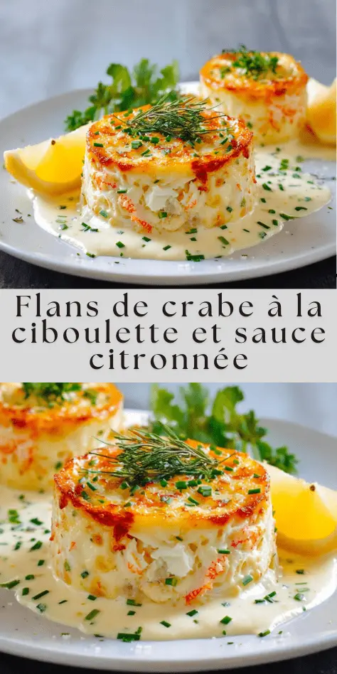 Flans individuels au crabe et ciboulette, démoulés sur assiette, nappés de sauce crémeuse au citron et décorés d’herbes fraîches.
