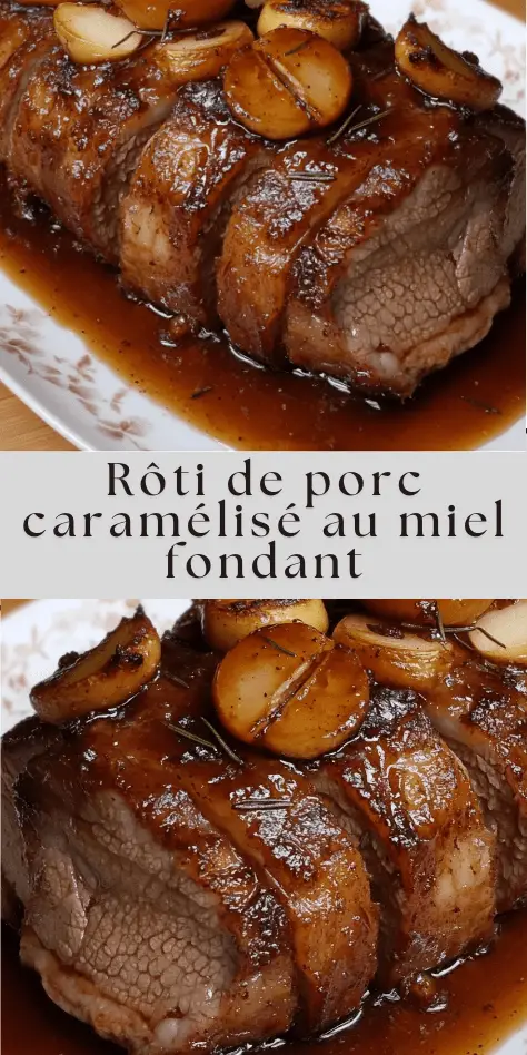 Rôti de porc caramélisé au miel tranché, nappé de sauce brillante miel-soja avec échalotes et romarin, servi dans une cocotte avec garniture.