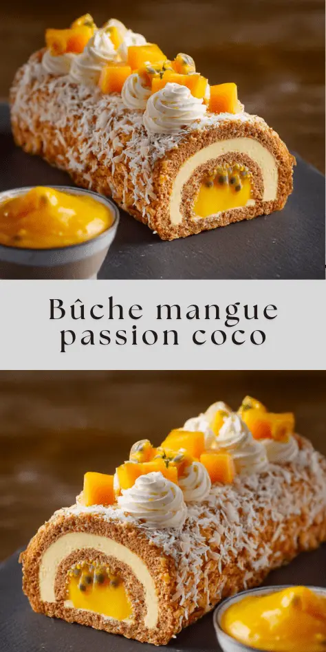 Bûche de Noël mangue passion coco glacée, décorée de dés de mangue fraîche et copeaux de coco, présentée sur un plat de fête tropical.