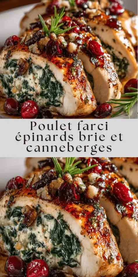 Poitrines de poulet farcies aux épinards, brie et canneberges, dorées au four, nappées d’un glaçage miel-balsamique et garnies de brins de romarin.