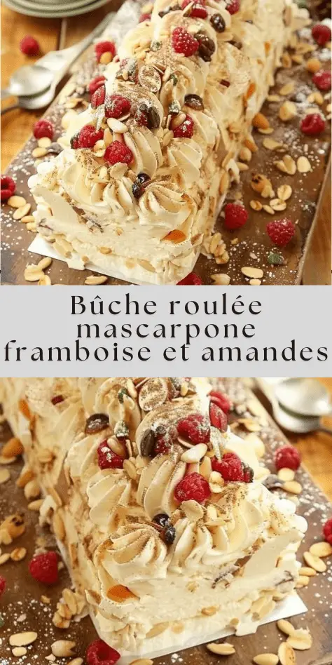 Bûche roulée garnie de crème au mascarpone et framboises, décorée d’amandes effilées, fruits secs et sucre glace sur un plat de fête.
