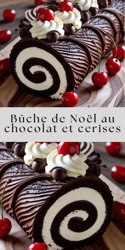 Bûche de Noël au chocolat garnie de crème chantilly aux cerises, nappée de ganache brillante et décorée de cerises confites et volutes de chocolat sur un plat de fête.