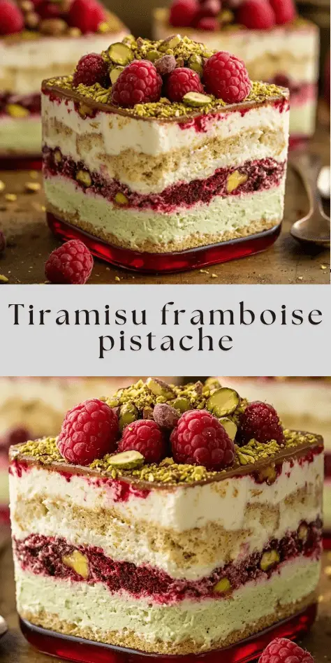 Verrines de tiramisu à la framboise et à la pistache, avec couches de crème mascarpone, coulis rouge et éclats de pistaches sur le dessus.
