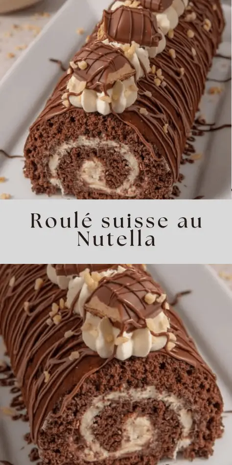 Photo d’un roulé suisse au Nutella fait maison, délicatement saupoudré de sucre glace, avec une génoise moelleuse et une garniture généreuse à la pâte à tartiner.