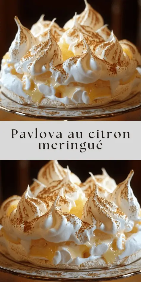 Pavlova au citron meringué avec meringue croustillante, crème chantilly légère et lemon curd maison, décorée de zestes de citron sur un plat de service.