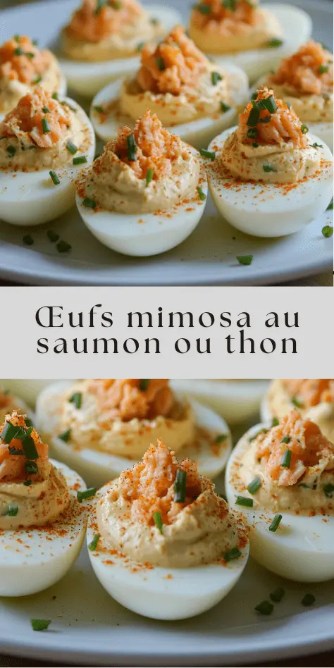 Photographie d’œufs mimosa garnis au saumon ou au thon, décorés de paprika et d’herbes fraîches, disposés sur une assiette élégante.