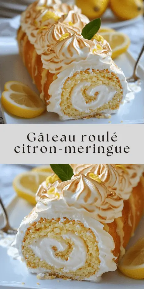 Gâteau roulé au citron recouvert de meringue dorée, tranché et présenté sur un plat, avec génoise moelleuse et lemon curd brillant à l’intérieur.