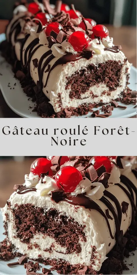 Gâteau roulé Forêt-Noire garni de chantilly et cerises, décoré de copeaux de chocolat et de cerises entières sur une assiette.