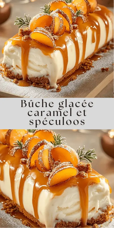 Photographie d’une bûche glacée au caramel et aux spéculoos nappée de caramel coulant, décorée de fruits confits et de romarin sur un plat festif.