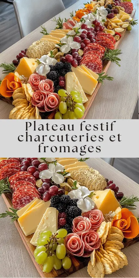 Plateau garni de fromages variés, charcuteries roulées, fruits frais, noix, crackers et herbes, présenté de manière harmonieuse pour un apéritif festif.