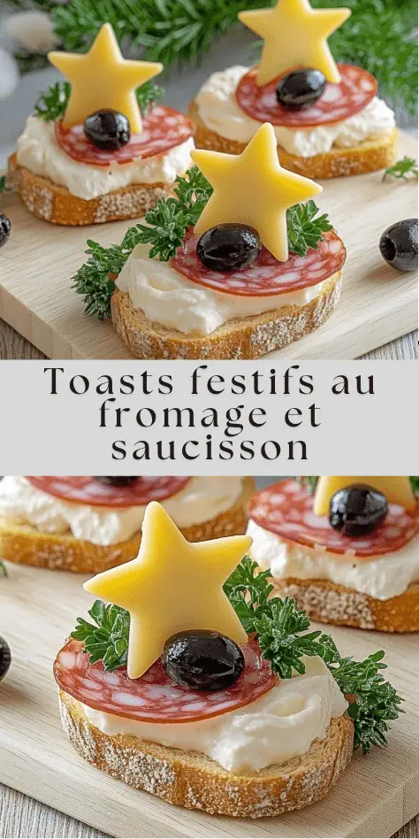 Photographie de toasts festifs garnis de fromage frais, de saucisson, d’étoiles de fromage, d’olives noires et de persil, joliment présentés sur un plateau.