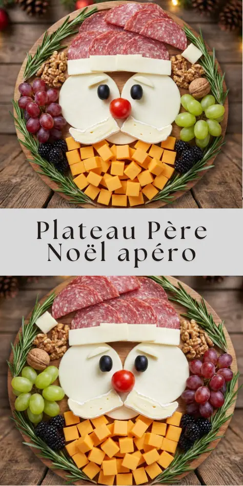 Plateau apéritif représentant un Père Noël réalisé avec saucisson, fromages, olives, tomate cerise, fruits et romarin, présenté en forme de visage festif.