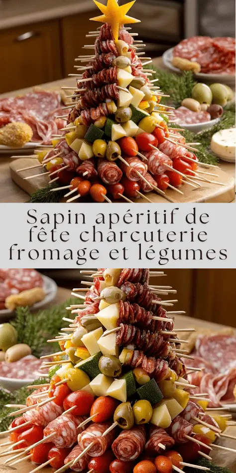 sapin apéritif composé de charcuterie fromages olives et légumes sur cône