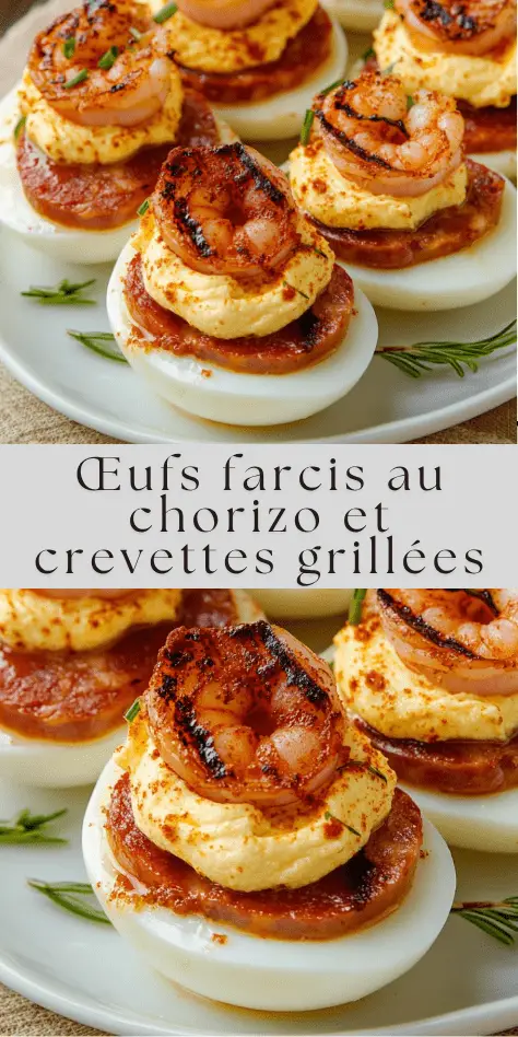 oeufs farcis garnis de chorizo grillé et crevettes sur plateau apéritif