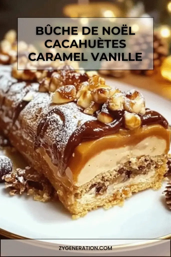 bûche de noël caramel cacahuètes décorée chocolat