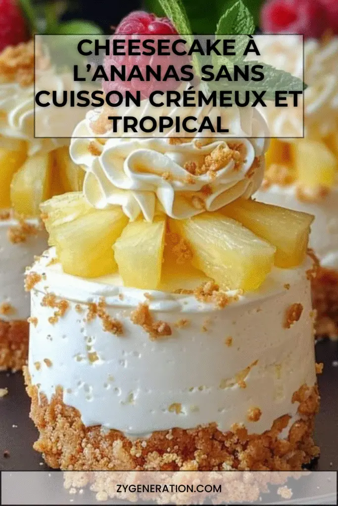 cheesecake sans cuisson à l’ananas avec crème fouettée et framboises