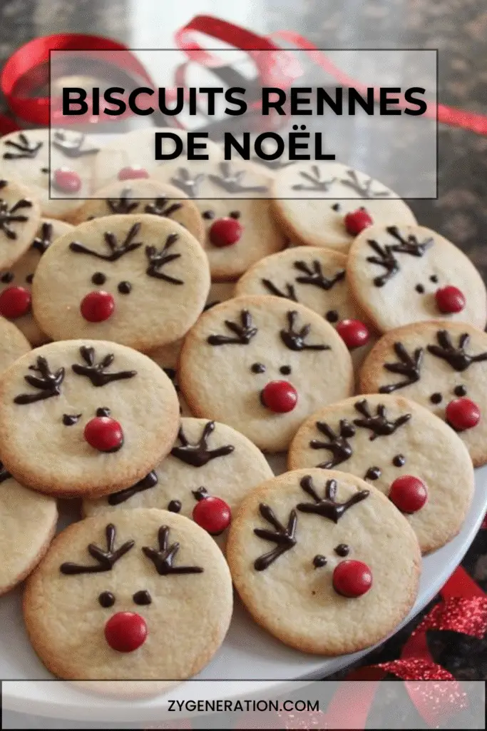 biscuits de noël en forme de rennes avec nez rouge et bois en chocolat