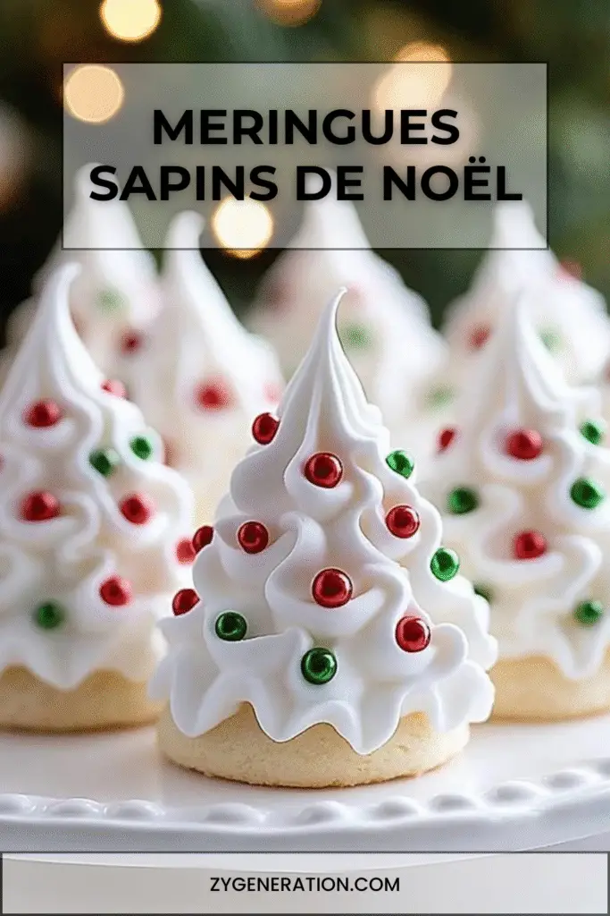 meringues en forme de sapins de noël décorées avec perles de sucre
