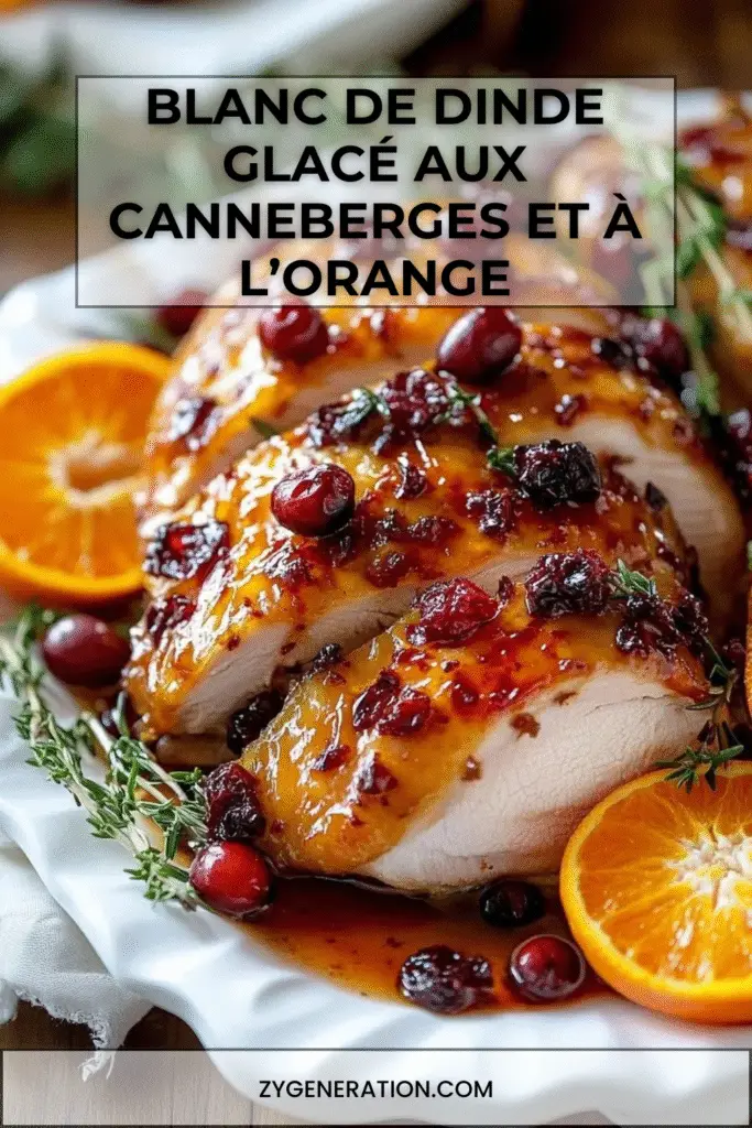 blanc de dinde glacé aux canneberges et orange sur plat de service avec herbes fraîches