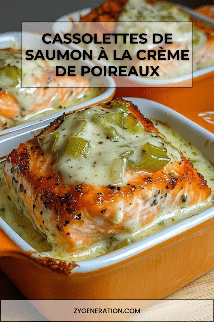 cassolettes individuelles de saumon nappées de crème de poireaux et herbes fraîches