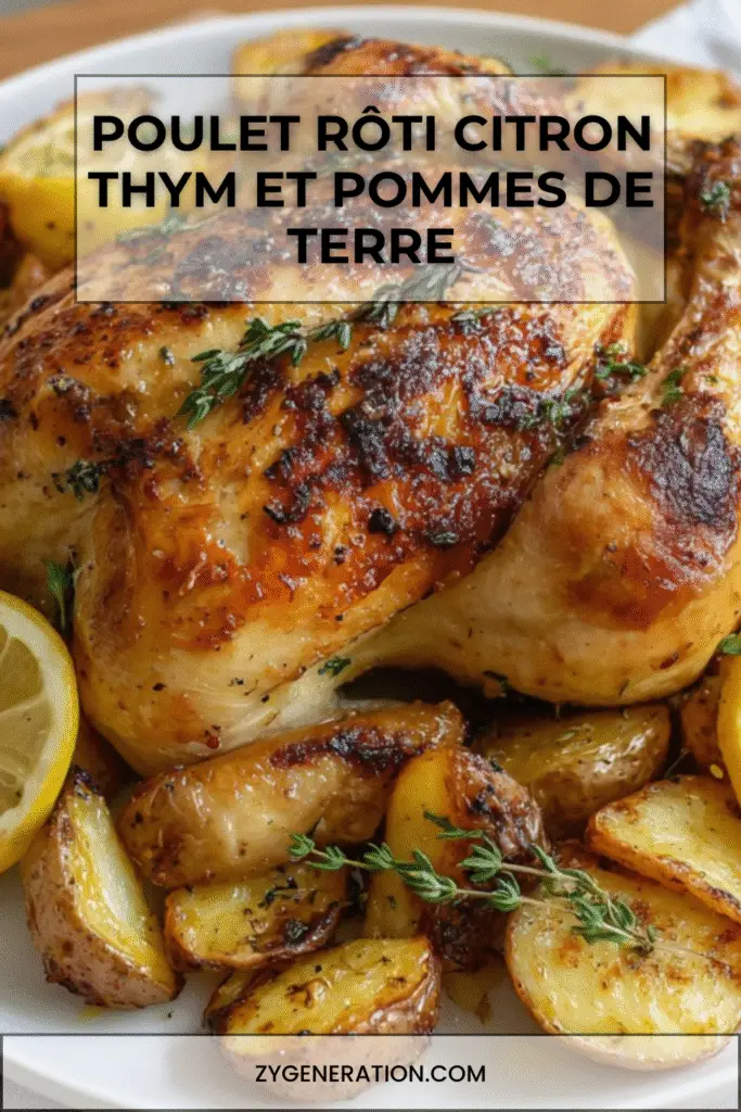 poulet rôti doré avec pommes de terre fondantes, citron et thym dans un plat familial