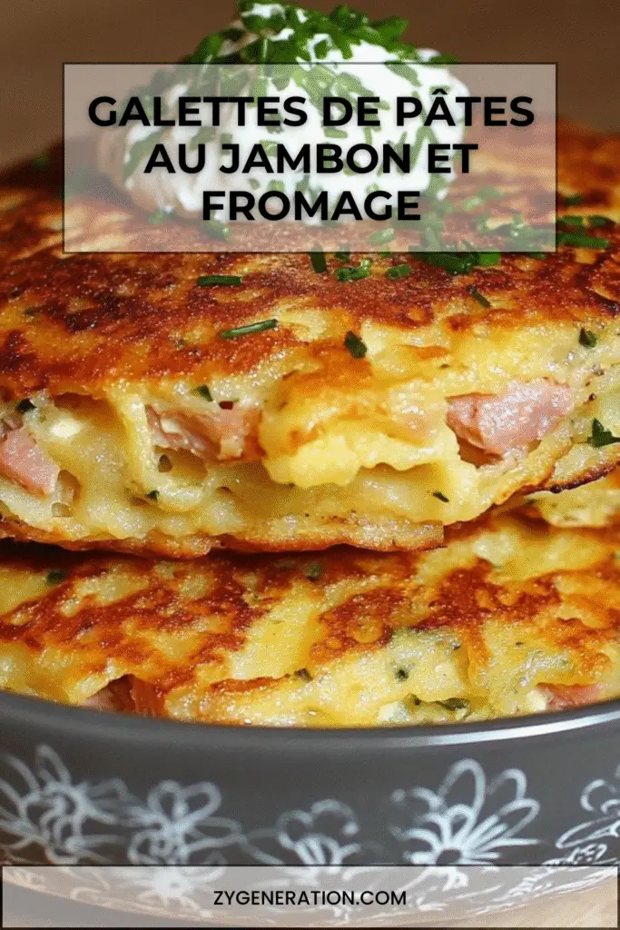 galettes dorées de pâtes au jambon et fromage servies chaudes dans une assiette