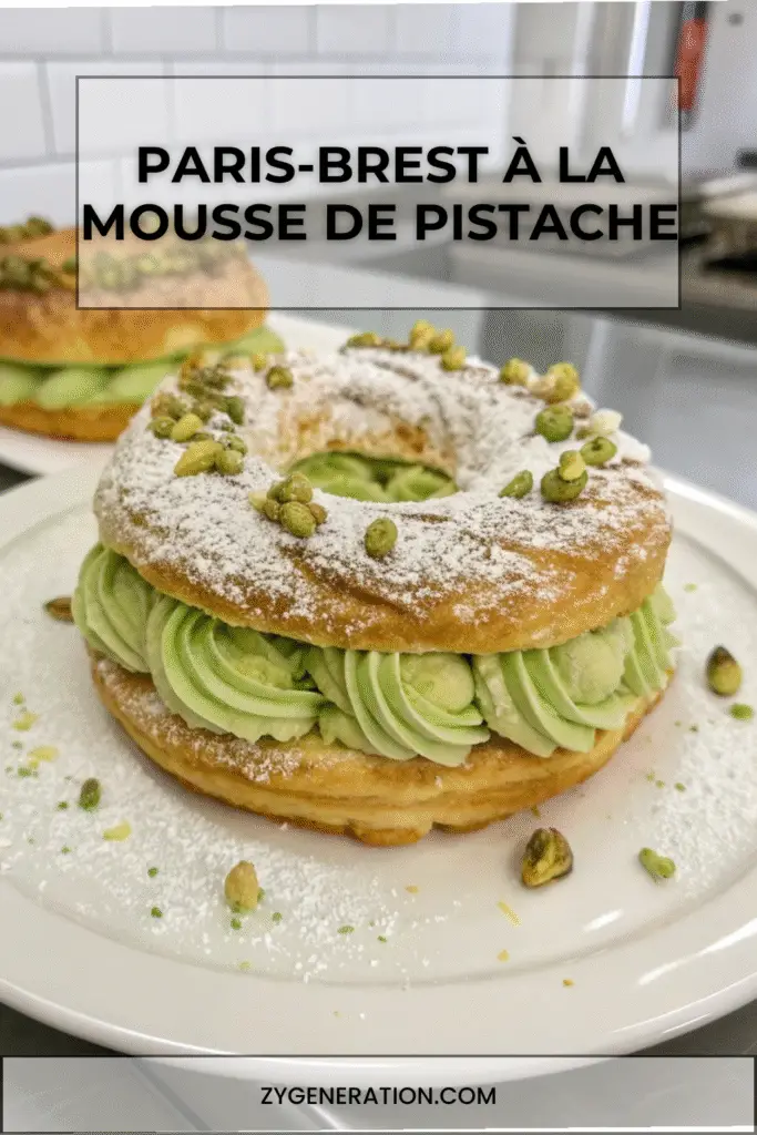 paris-brest à la mousse de pistache avec pistaches concassées et sucre glace