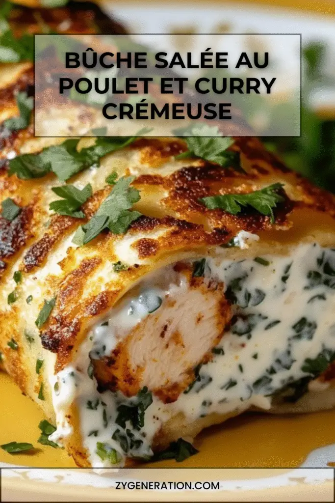 bûche salée au poulet et curry garnie d’herbes fraîches sur plat de service