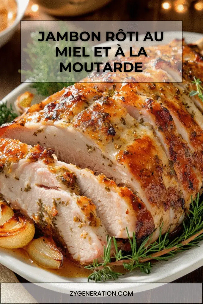 jambon rôti doré au miel et à la moutarde avec oignons rôtis dans un plat