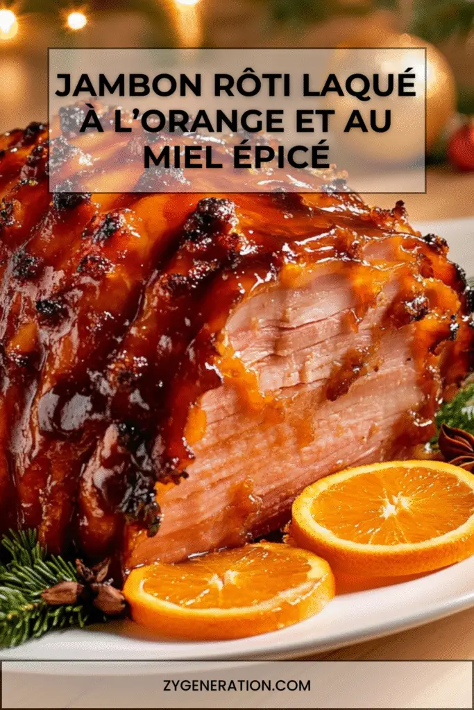 jambon rôti laqué à l’orange et au miel, décoré de rondelles d’orange et herbes fraîches
