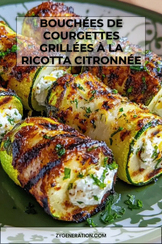 bouchées de courgettes grillées roulées à la ricotta et au citron sur assiette
