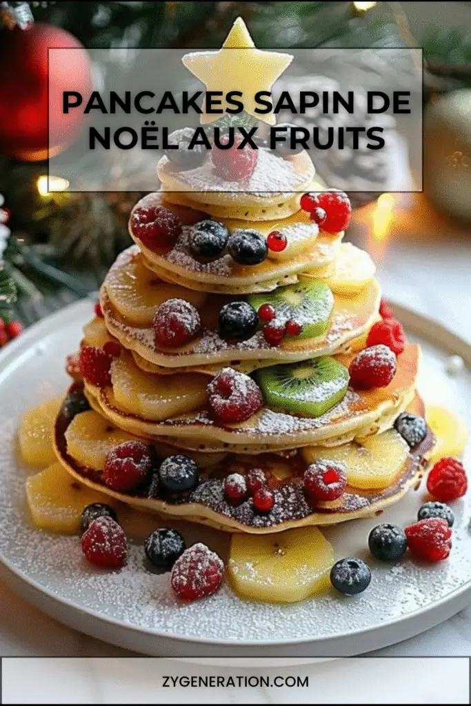 pancakes en forme de sapin de Noël décorés de fruits rouges et bananes sur assiette festive