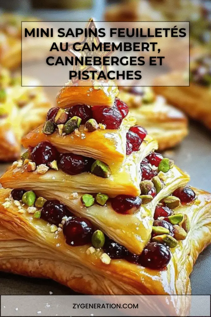 Mini sapins feuilletés garnis de camembert, canneberges et pistaches, dorés au four et présentés en apéritif festif.