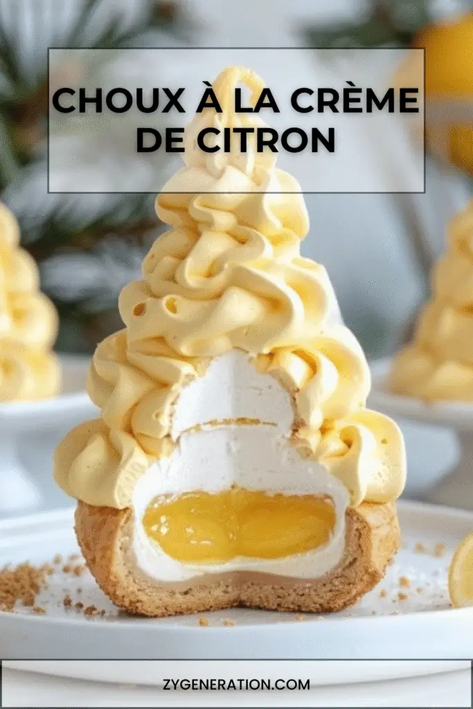 Choux à la crème de citron avec coque en chocolat blanc coloré, base biscuitée et cœur de lemon curd.