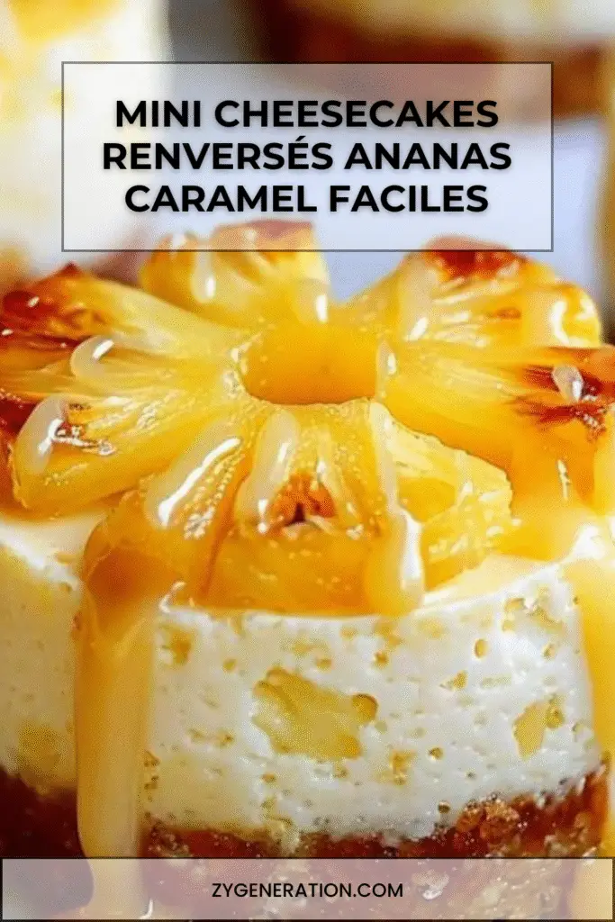 Mini cheesecakes individuels renversés à l’ananas avec caramel coulant sur le dessus, servis en dessert élégant.