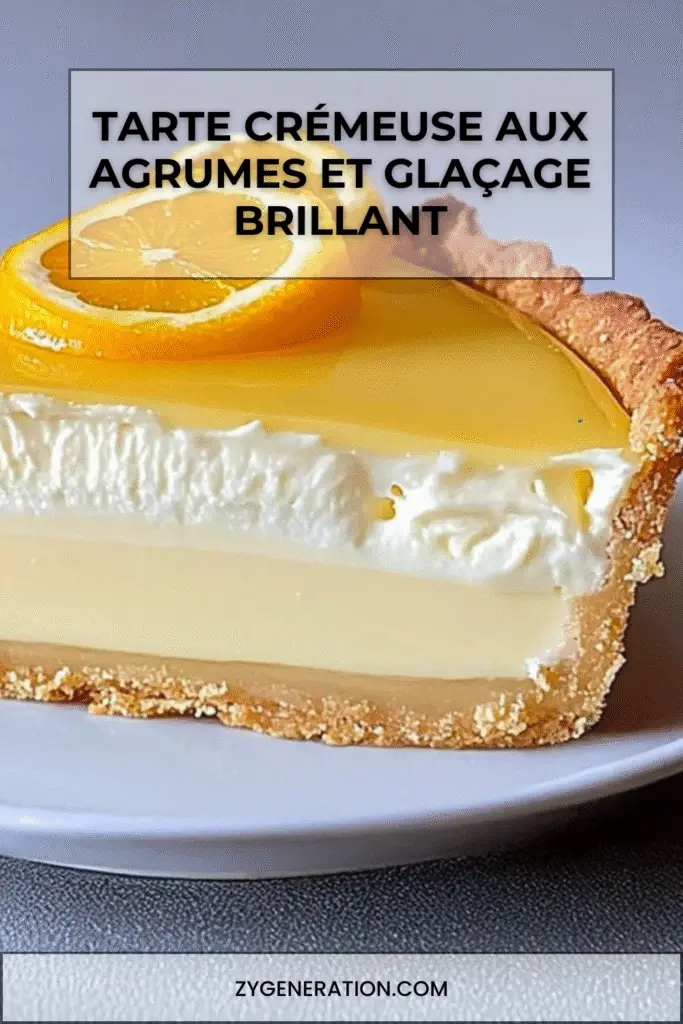 Tarte crémeuse aux agrumes avec glaçage citron orange brillant et décoration de tranches d’agrumes.